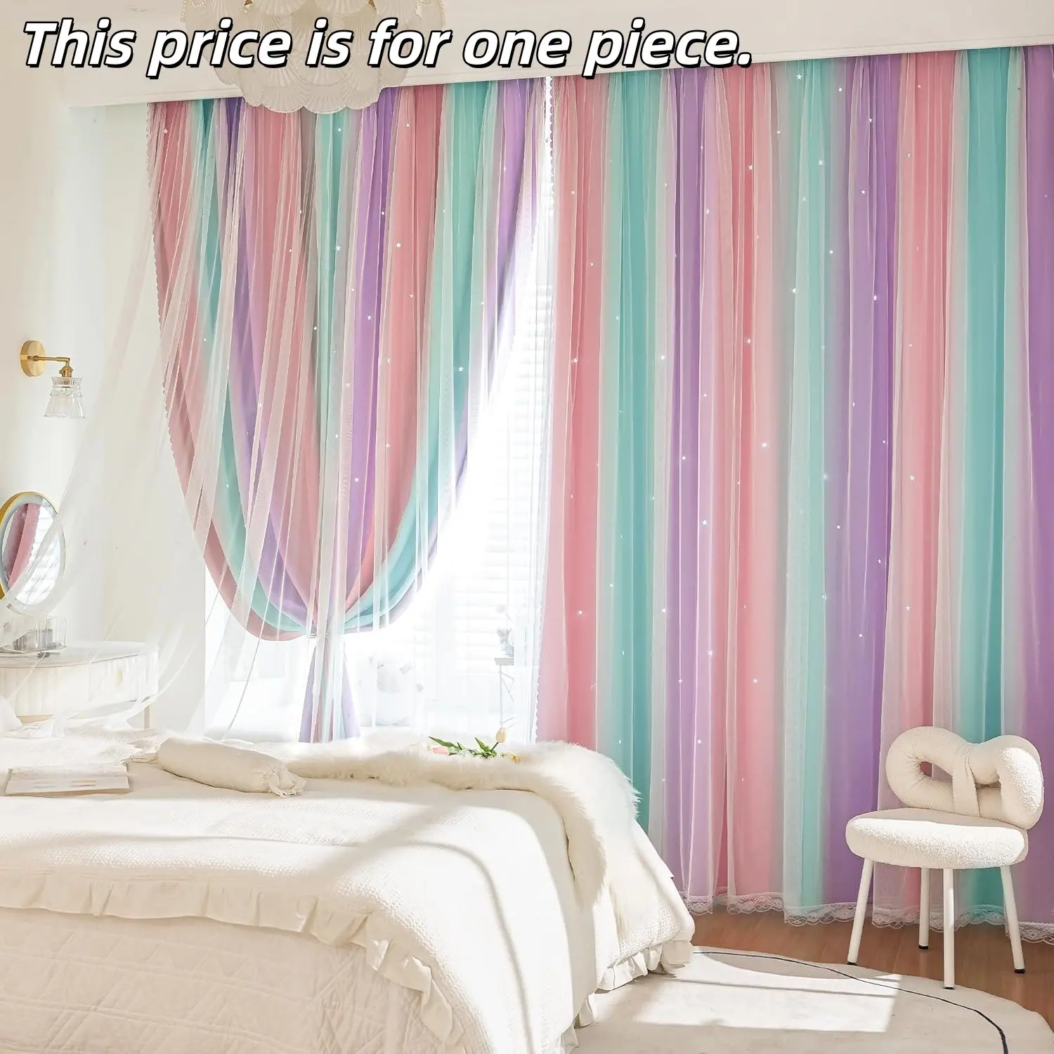 1pc Window Curtains for Girls Bedroom, Kids Room 2 Panels, Colorful Rainbow Design, Unicorn Wall Decor, Blackout Curtains, Polyester Privacy Curtain, Cute Mermaid Princess, Blackout Window Cover