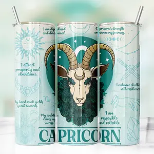 Zodiac Capricorn Customized 20oz Stainless Steel Double Wall Tumbler with Lid & Straw Includes Straw Cleaner Motivational Quotes Drinkware Cup Reusable Portable Water Bottles