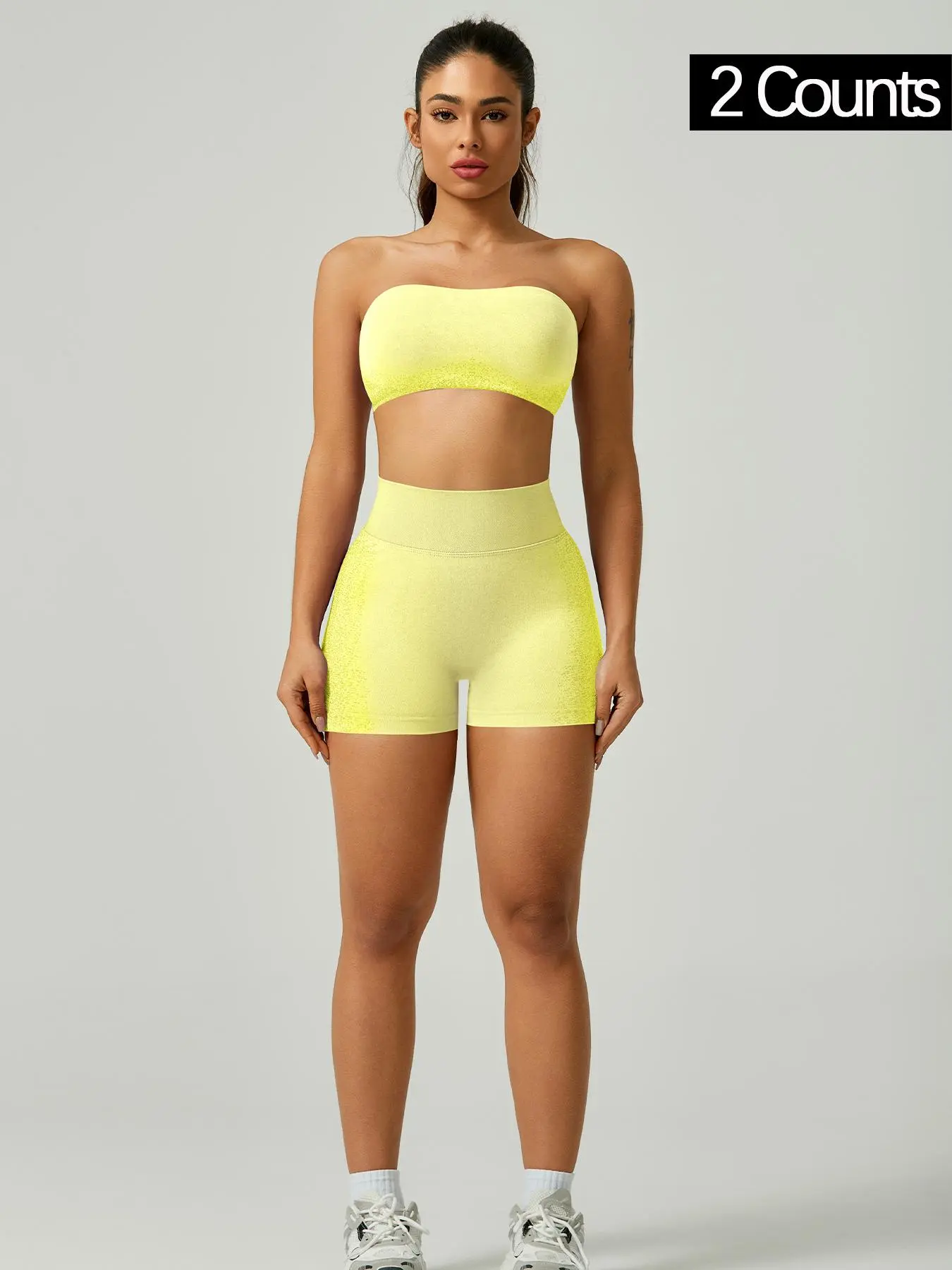 Women's Solid Cross Back Bandeau Top & High Waist Shorts Sportswear Set, Sports Activewear Set, Sporty Casual Breathable Comfortable Two-piece Outfits for Yoga Gym Workout Running