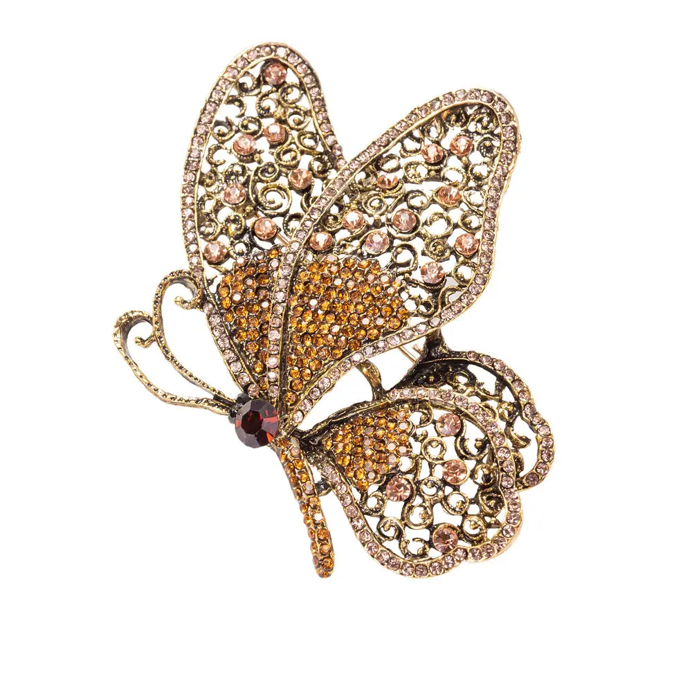 Butterfly Brooch Necklace in Gold Plating with Champagne Crystals