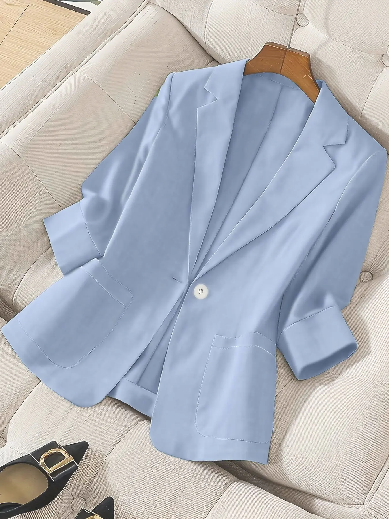 Solid color texture seven quarter sleeve suit jacket for women, available in multiple colors, with a single button waist cinched casual jacket for commuting, Minimalist Blazer, Office Blazer Jacket, slim and versatile top