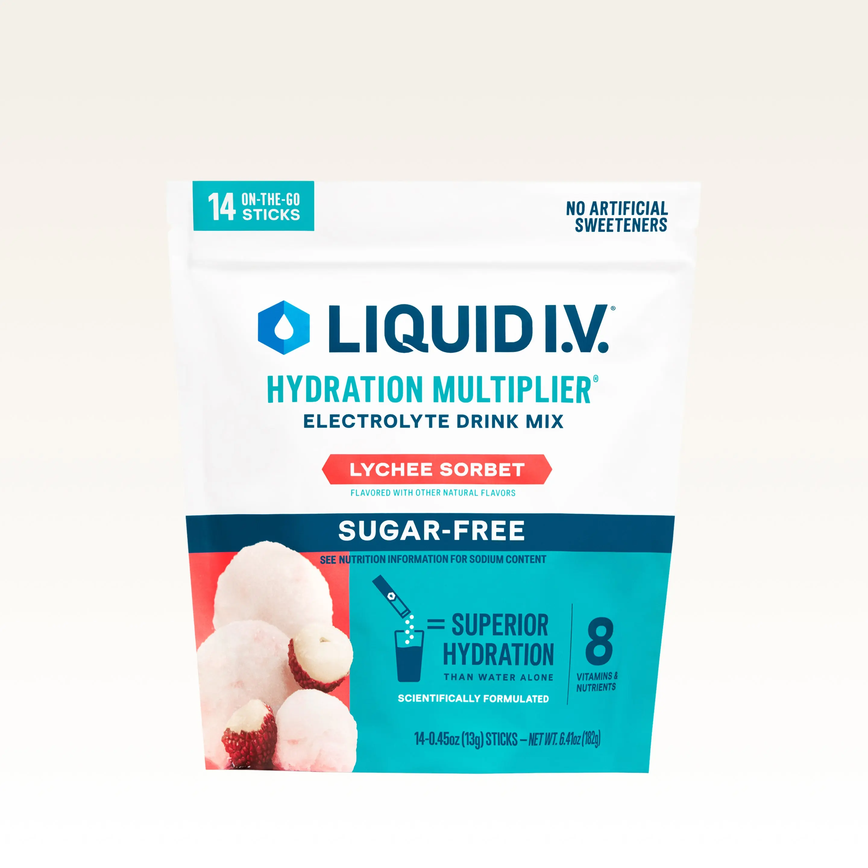 Liquid I.V. Sugar-Free Hydration Multiplier - Lychee Sorbet - Hydration Powder Packets | Electrolyte Powder Drink Mix | Convenient Single-Serving Sticks | 8 Vitamins & Nutrients | 1 Pack (14 Servings)​