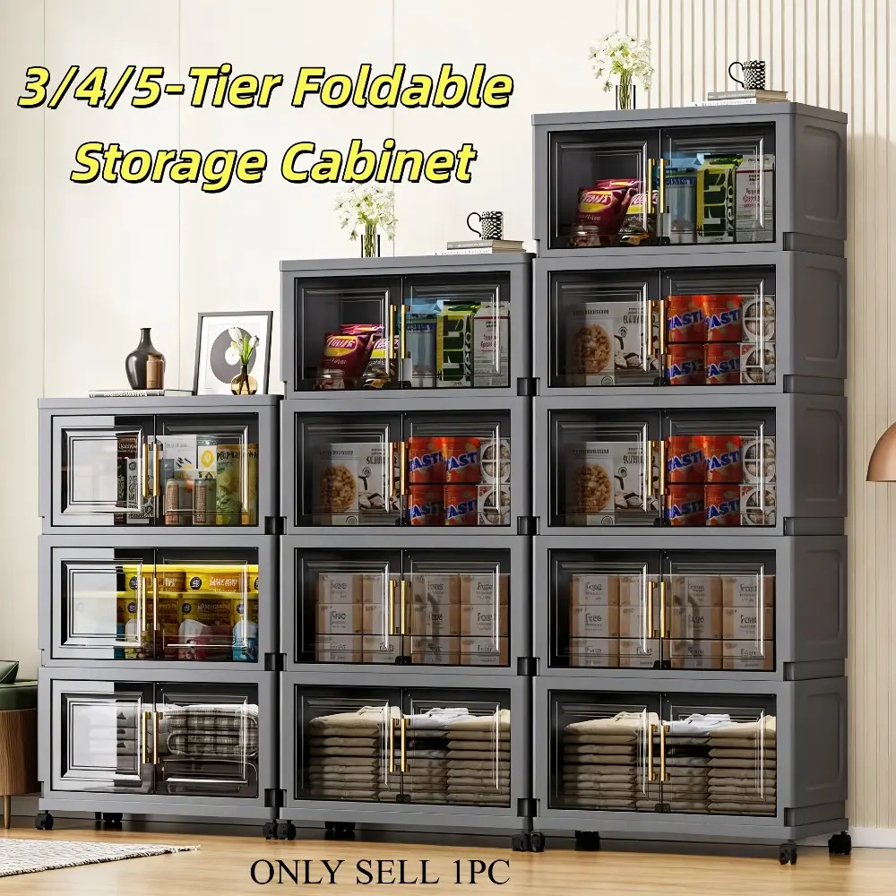 3/4/5-tier folding, Collapsible, installation-free, double-door transparent plastic snack, floor-standing multi-tier, stackable folding snack storage and organization cabinet, Organizer cabinet