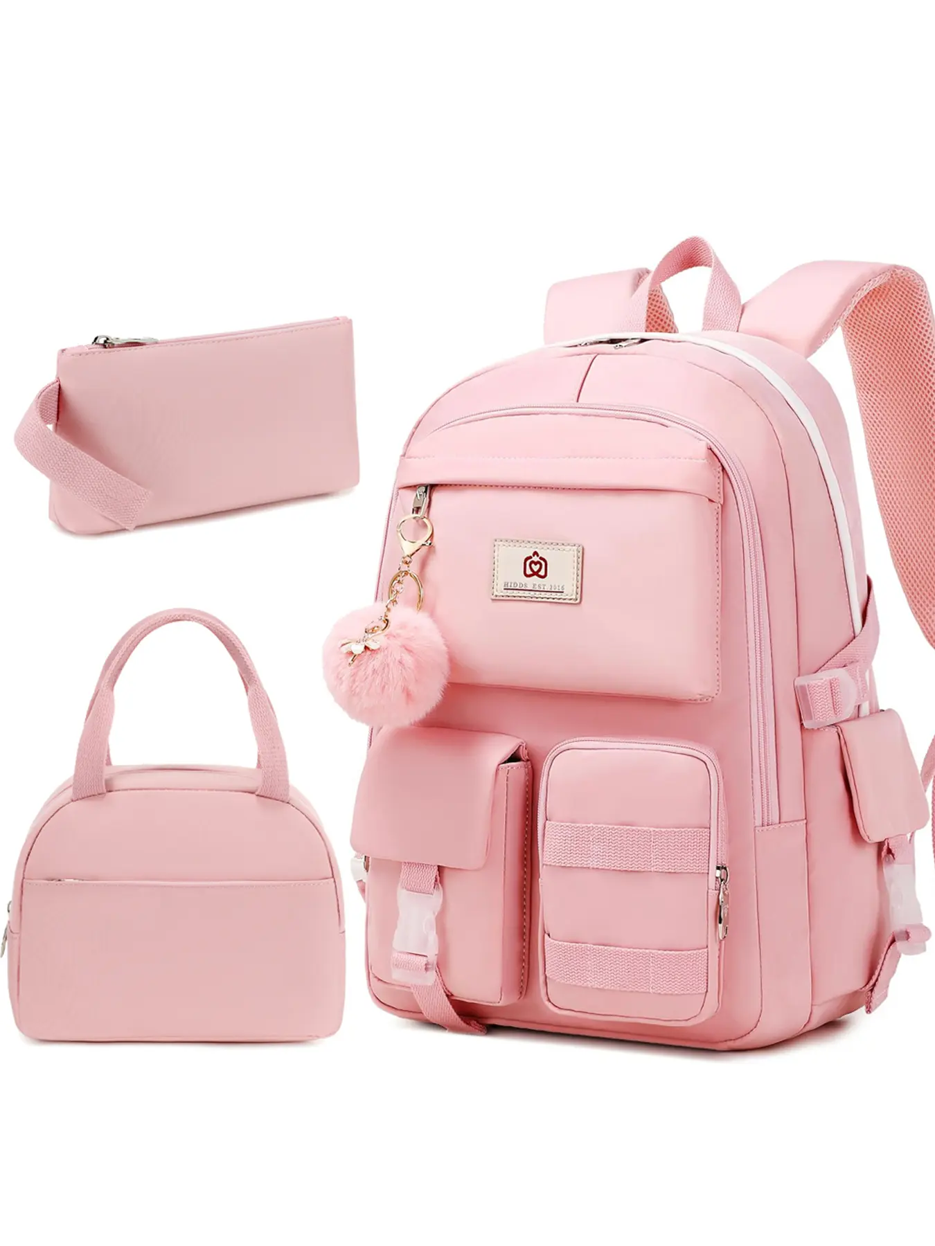 Girls' 3-Piece Waterproof Nylon Backpack Set - Durable Large Bookbag with Lunch Bag, Fits 15.6 in Laptop for School, College Travel (Pink)