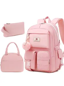3PCS pencil box with lunch bag Laptop Backpacks 15.6 Inch School Bag College Backpack Anti Theft Travel Daypack Large Bookbags for Teens Girls Women Students (Pink)