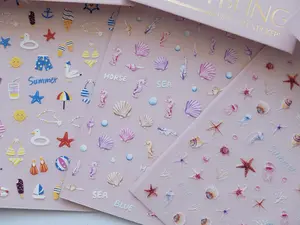 Summer Beach Nail Stickers, Ocean Sea Shell Starfish Nail Decals, Seahorse Marine Nail Art Stickers, Cute Vacation Nail Designs