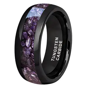 Men's 8mm Purple Crystal Inlay Tungsten Wedding Band Comfort Fit Scratch Resistant Glow - Yonifu Durable Unique Promise Ring Gift for Him