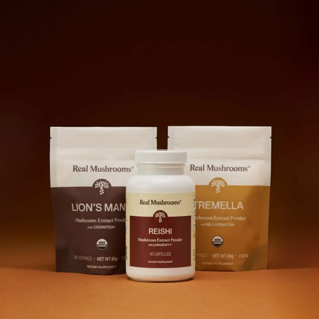 Real Mushrooms Lion's Mane, Tremella & Reishi Bundle | Brain, Skin & Calm Support | Longevity Pack | 100% Mushrooms, No Fillers