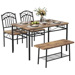 New Upgraded 1 iron+wood European simple dining table and chairs set (one table, two chairs, one bench) bench with storage layer natural wood color none