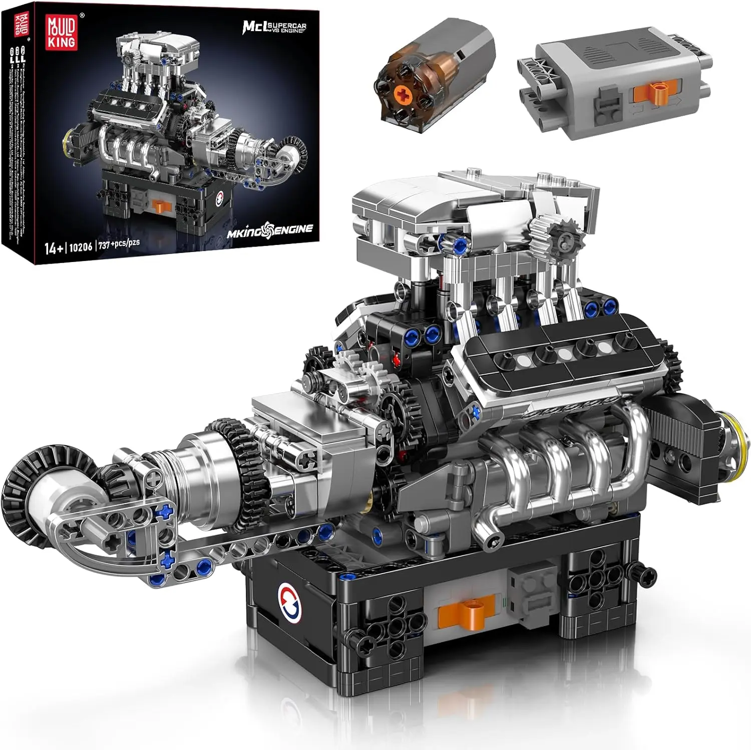 Mould King 10206 V8 Combustion Engine Model Kit 4-Liter Twin-Turbocharged 737-Piece Building Blocks Toy for Kids 14+ with Instruction Book