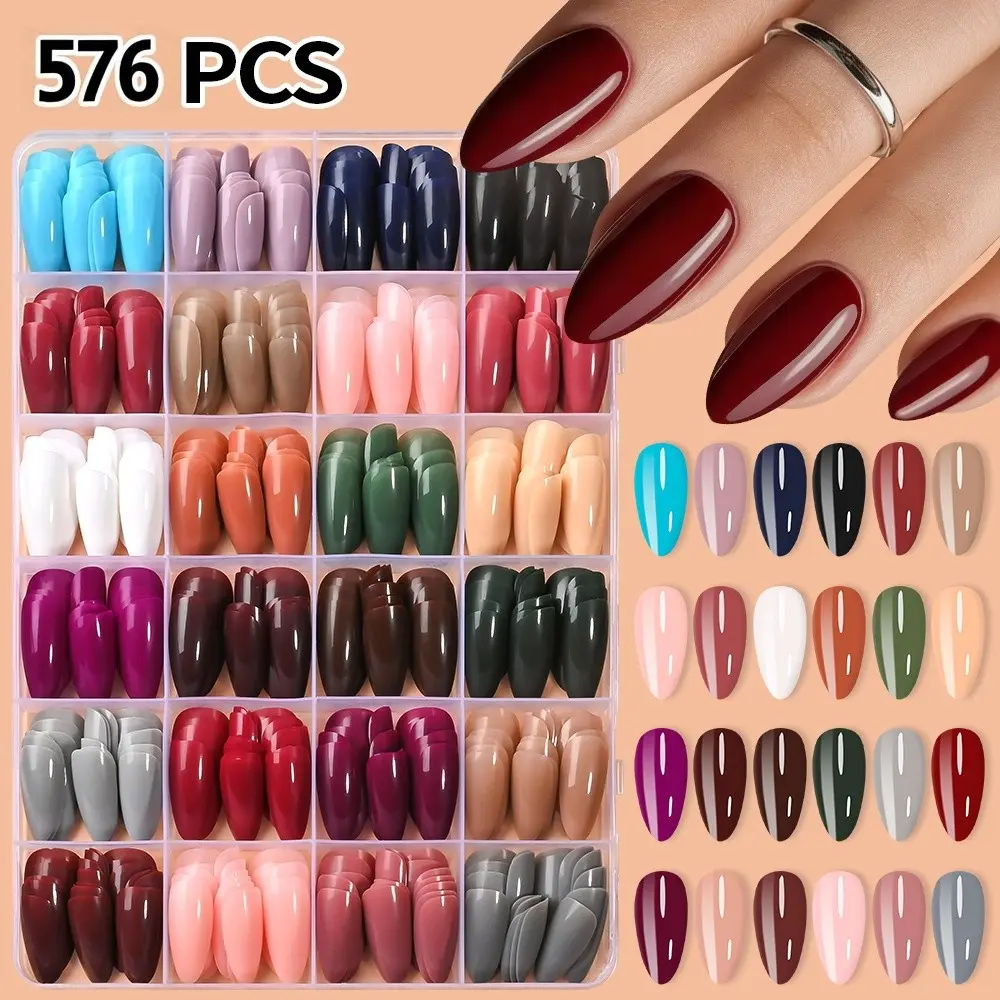 576pcs Acrylic Press-On Nails Set, Full Coverage Colorful Nail Extensions, Long-Lasting Glossy False Nails for Girls and Women