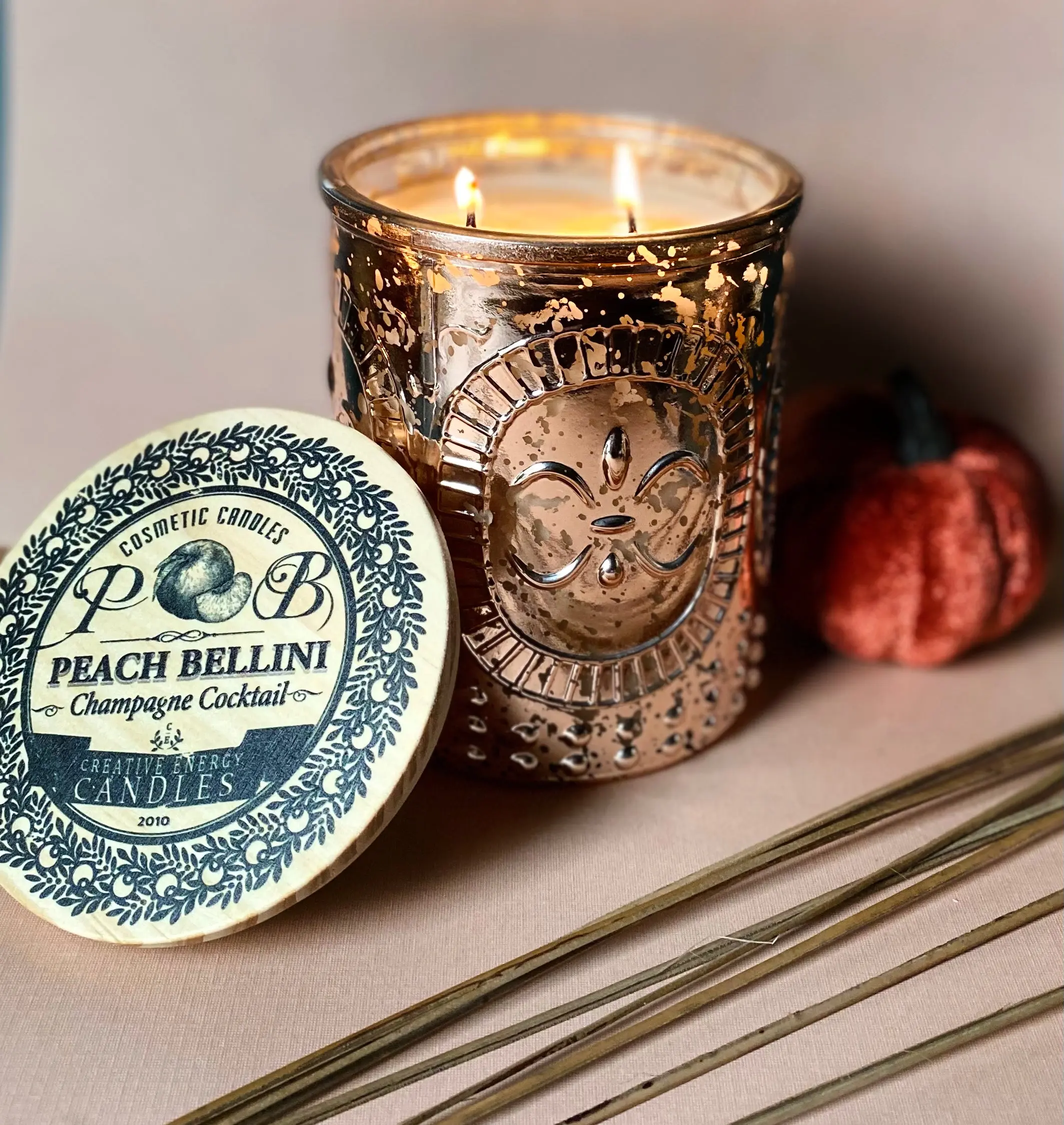 Creative Energy Peach Bellini Lotion Candle – Blush Sparkle Celebration