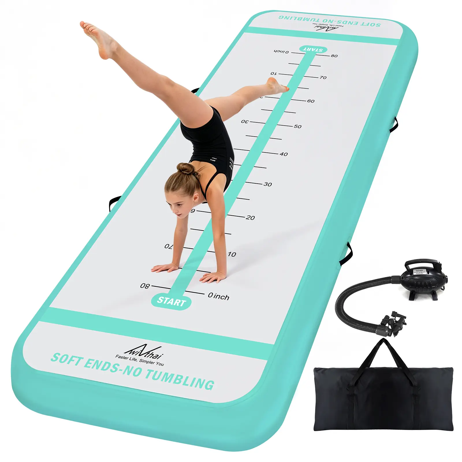Inflatable Gymnastics Tumbling Mat with 2-in-1 Safety Guide Lines | Center Scale & Edge Safety Lines, Thick Tear-Resistant PVC, Fast-Inflation Air Pump, for Home Tumbling/Cheer/Yoga/Practice