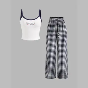 Cider [size 2-10] Cotton-blend U-neckline Bowknot Cami Top & High Rise Gingham Wide Leg Trousers Set