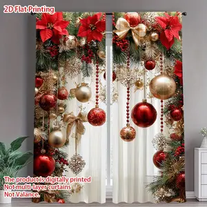 2-Piece set,Merry Christmas holiday-themed curtains-red and gold holiday curtains with poinsettia and gold balls -translucent, suitable for living room bedroom office home decoration - holiday decoration curtains, Christmas decoration Window Curtain