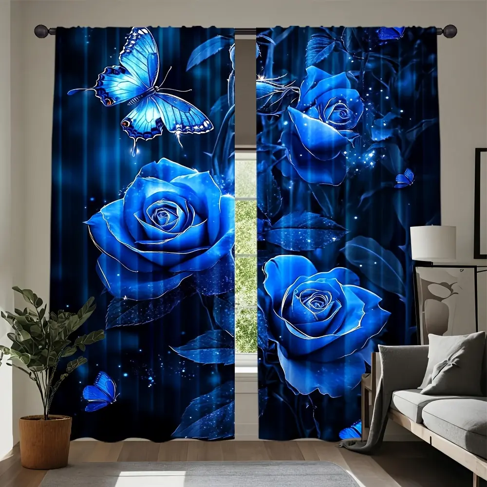 2-Piece set, blue charm semi-blackout curtains - 100% polyester, blue rose butterfly floral design, transparent rod pocket design, suitable for bedroom, living room, teen room home decoration, Window Curtain, Home Decorative Curtain