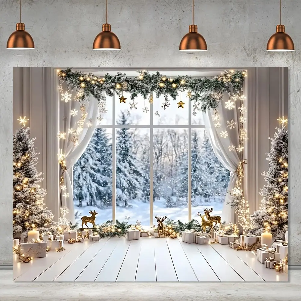Durable Polyester Christmas Photo Backdrop Set - Magical Snowy Forest Window, Xmas Tree, Deer Motif, Rustic White-Golden Twinkling Light String, for Holiday Events Decor, Single Unit (No Banners/Ornaments Needed)