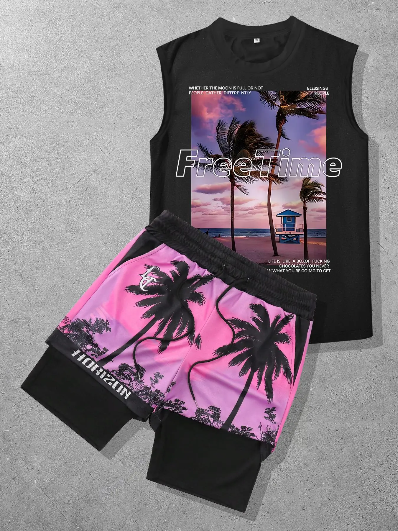 Two-Piece Set Men's Tropical Coconut Tree Print Tank Top & Shorts Set, Regular Fit Casual Letter Graphic Sleeveless Top & Shorts, Summer Clothes Set for Men, Casual Clothing Set, Casual Fashion Set, Matching Set