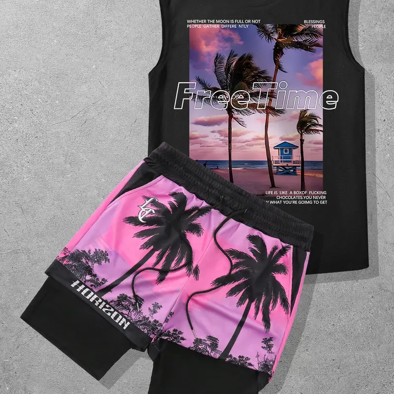 Two-Piece Set Men's Tropical Coconut Tree Print Tank Top & Shorts Set, Regular Fit Casual Letter Graphic Sleeveless Top & Shorts, Summer Clothes Set for Men, Casual Clothing Set, Casual Fashion Set, Matching Set