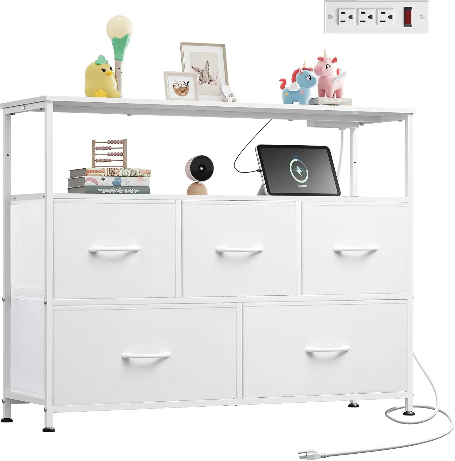 White 5-Drawer Fabric Chest of Drawers with Charging Station & Open Shelves - Bedroom, Living Room Storage Cabinet