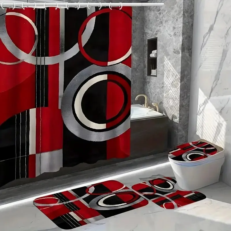 1/4pcs red, black and white geometric pattern shower curtain set, non-slip floor mat, U-shaped carpet, toilet lid cover, Bathroom Decoration Accessories, perfect for bathroom decoration, free 12 shower curtain hooks, Shower Essentials, Bathroom Supplies