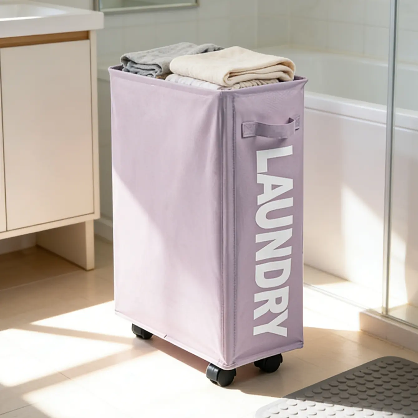 Slim Laundry Basket with Wheels and Handles, Foldable Laundry Basket for Clothes, Easy to Carry, Dirty Hampers for Bedroom, Bathroom, Dorm, Rectangular Rolling Hamper, Laundry Organizer, Wheeled Laundry Basket, Collapsible Laundry Hamper