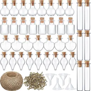 50 Pieces Small Tiny Glass Spell Jars with Cork Stopper, Witchy Gifts Witchcraft Supplies Wishing Bottles with Eye Screws Funnel Rope for DIY Crafts (Transparent, Style A)