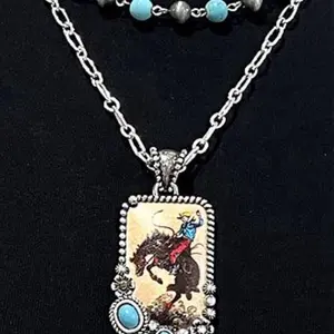 Cowboy Vintage Pendant 2 Layered Necklace in Classic or Turquoise Color with Turquoise Beads and Cowboy Graphic Design