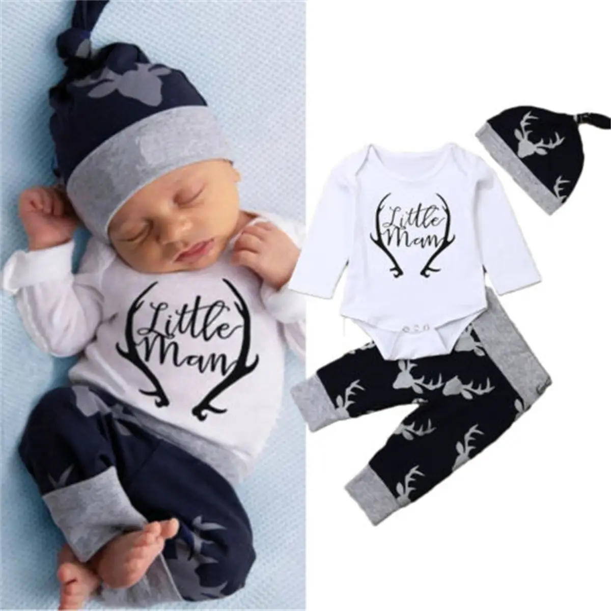 3PCS Newborn Infant Baby Boy Long Sleeve Little Man Romper Deer Pants Hat Clothes Set