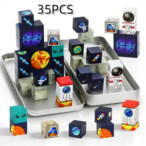 35pcs Portable Box Space Rocket Magnetic Blocks Set, Creative Magnetic Blocks, Stem Montessori Stacking Toy, Sensory Play Gift for Kids, Educational Fun Kit, Magnetic Building Blocks