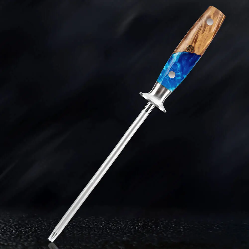 "Tsunami" Professional Sharpening Steel - Emery Rod with Blue Resin / Natural Wood Handle - Senken Knives