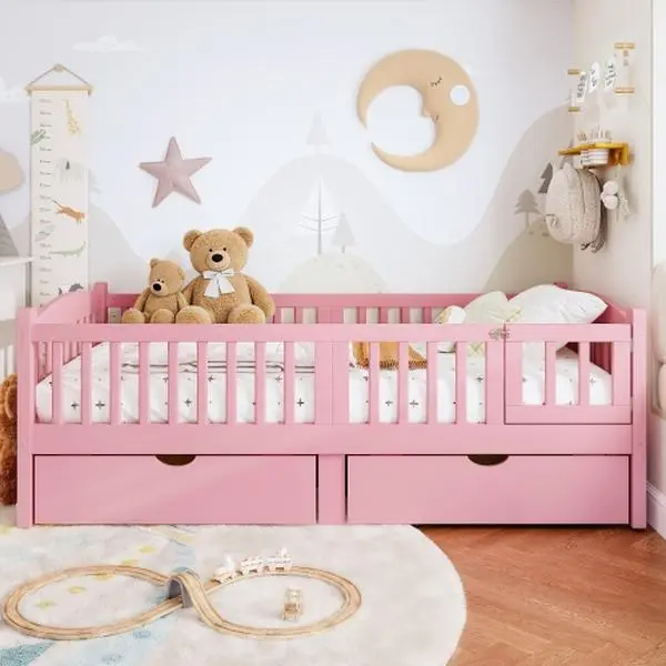 Bellemave Twin Size Pine Wood Toddler Bed - Platform Bed with Full-Length Guardrails, Storage Drawers and Headboard Design, Twin Size Bed