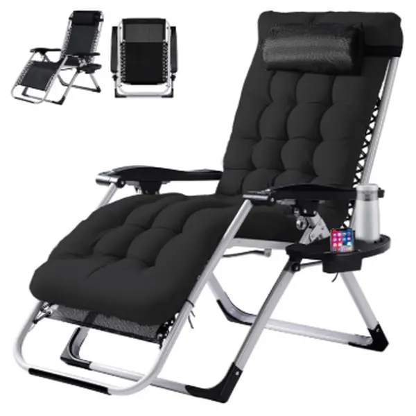 Reclining Lounger, 440lbs Capacity Folding Camping Chair Loungers with Cup Holder & Removable Cushion for Airflow, Portable Patio Folding Chair