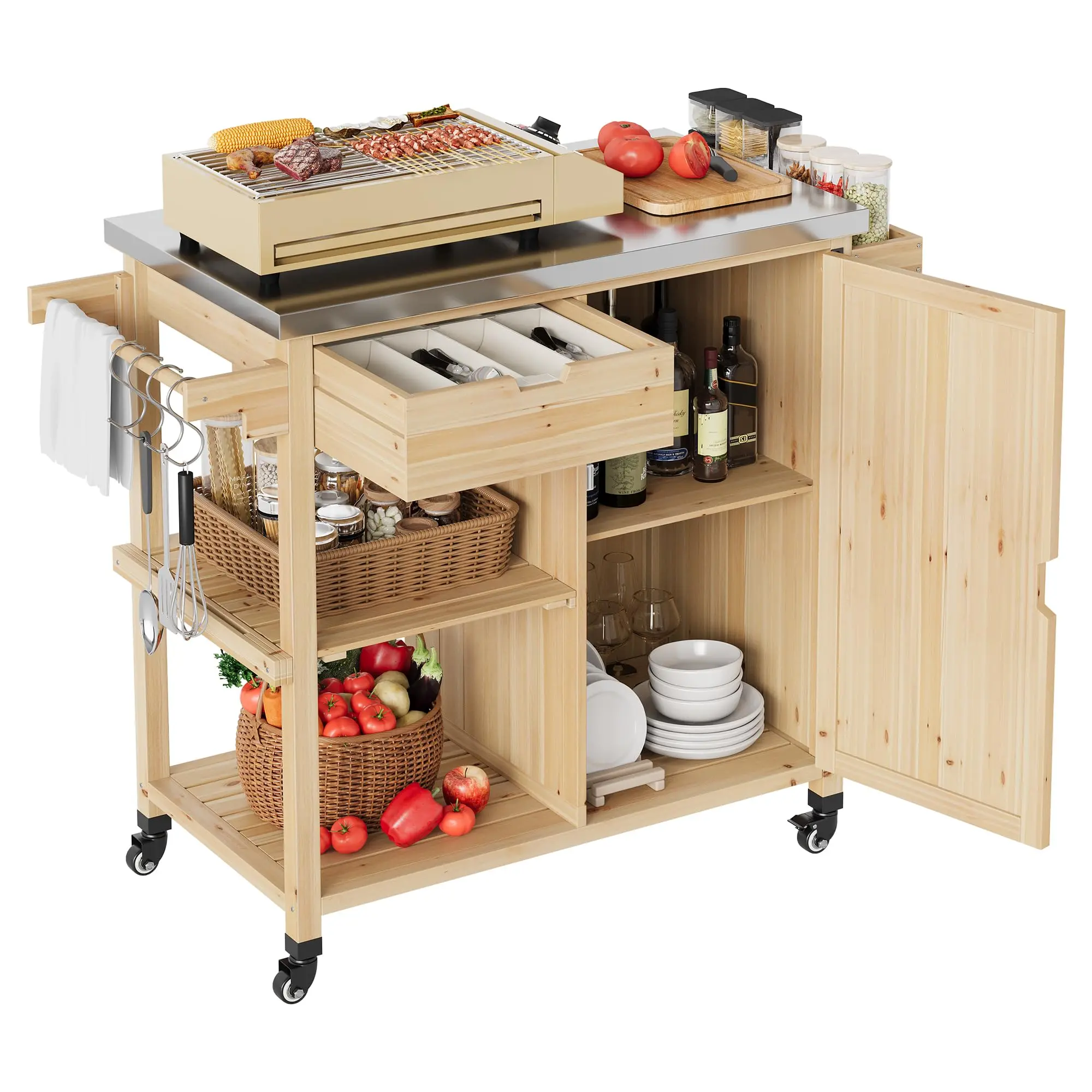 GARVEE Grill Cart with Stainless Steel Top, Rustic Wood Portable Prep Cabinet and Rolling Organizer with Drawer and Shelves for Outdoor BBQ, Organizer With Shelf, Bbq Prep, Open Shelves