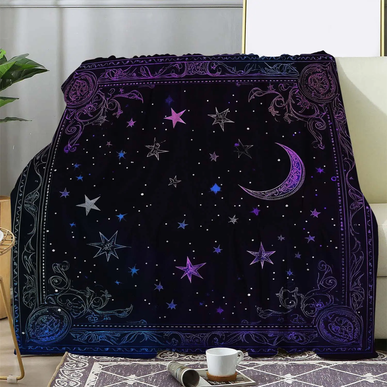 Vintage Moon Star Digital Print Flannel Throw Blanket - Soft Fluffy, Warm, Cozy Lounging, Wrinkle-Resistant, Assorted Color All Season Blankets, Bedding Textile, Throw Blankets