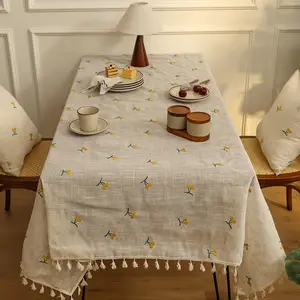 Cherry Pattern Linen Tablecloth, 1 Count Exquisite Embroidered Tablecloth, Table Decoration Supplies for Home Kitchen Dining Room
