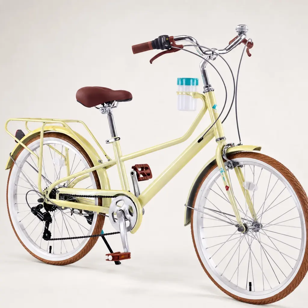 Women's 24 Inch Cruiser Bike 6 Speed Step-Through Commuter Bicycle with Rear Rack & Cup Holder Steel Frame City Bike Yellow for Adult Leisure Riding, Yellow Color Options, Steel Material, Product Dimensions: 24.80 W x 65.95 D x 38.54 H in