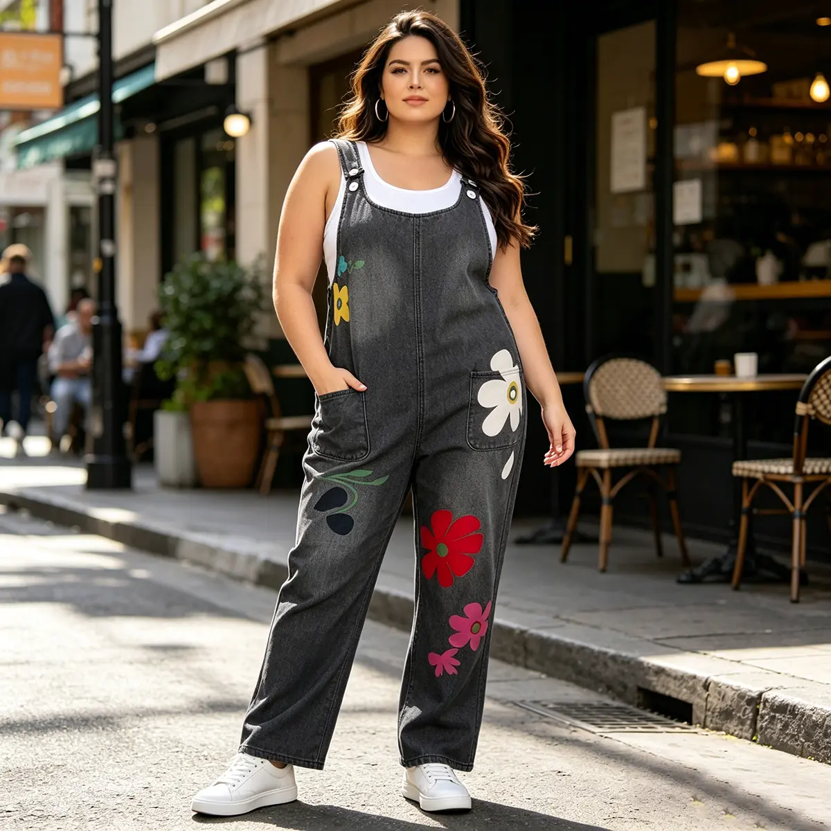 MNLYBABY Women's Denim Floral Pattern Jumpsuit Adjustable Straps U Neck Jeans Fine Pockets One Piece Denim Set