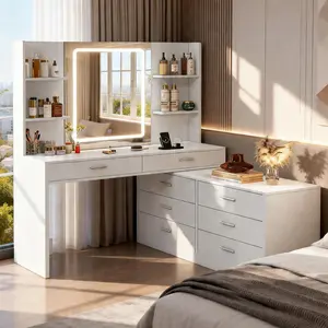 63' Vanity Desk with LED Light Mirror & Power Outlet, 8 Drawers, 6 Storage Shelves, 3 Color Modes & Adjustable Brightness Makeup Vanity, Corner Vanity, L Shape Vanity, outdoorfun
