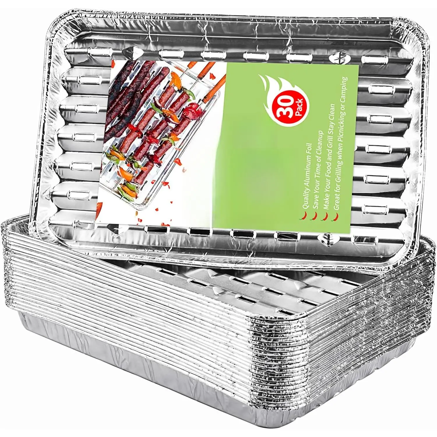 30-Pack Disposable Grill Toppers, Aluminum Foil Grill Pans with Holes, Grill Accessories for Barbecue, Outdoor Cooking and Camping