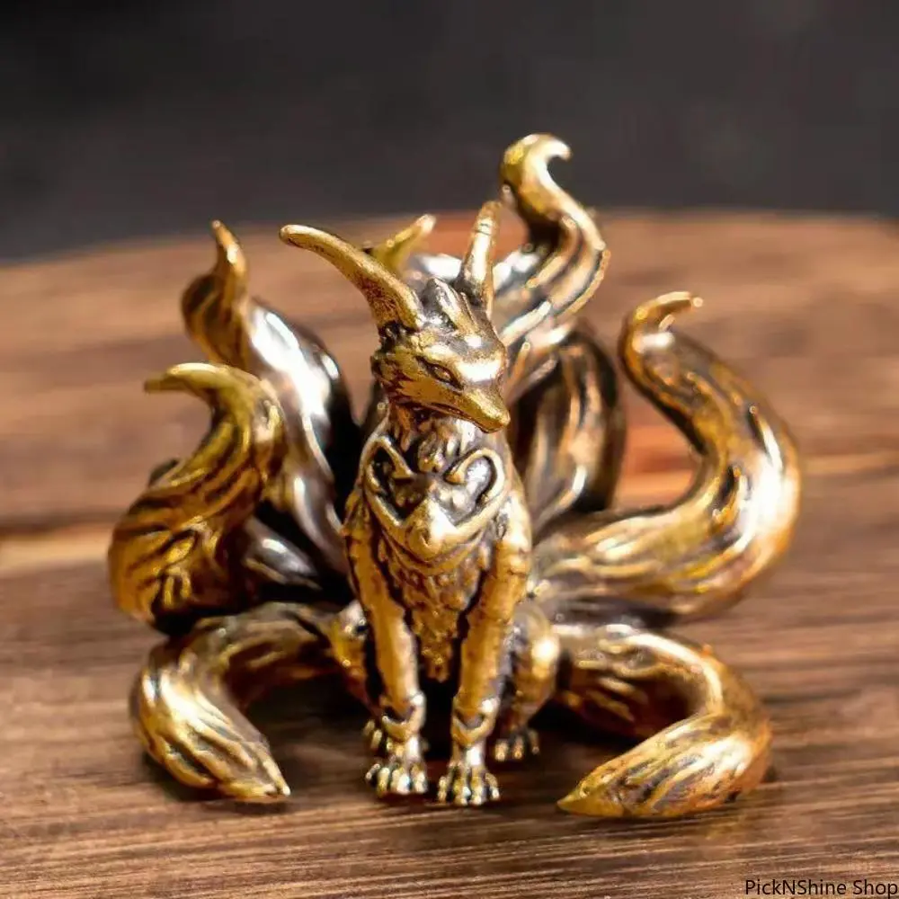 Nine Tailed Fox Figurine Antique Brass Copper Animal Statue Feng Shui Decor Mini Ornament for Home Office Desk Display