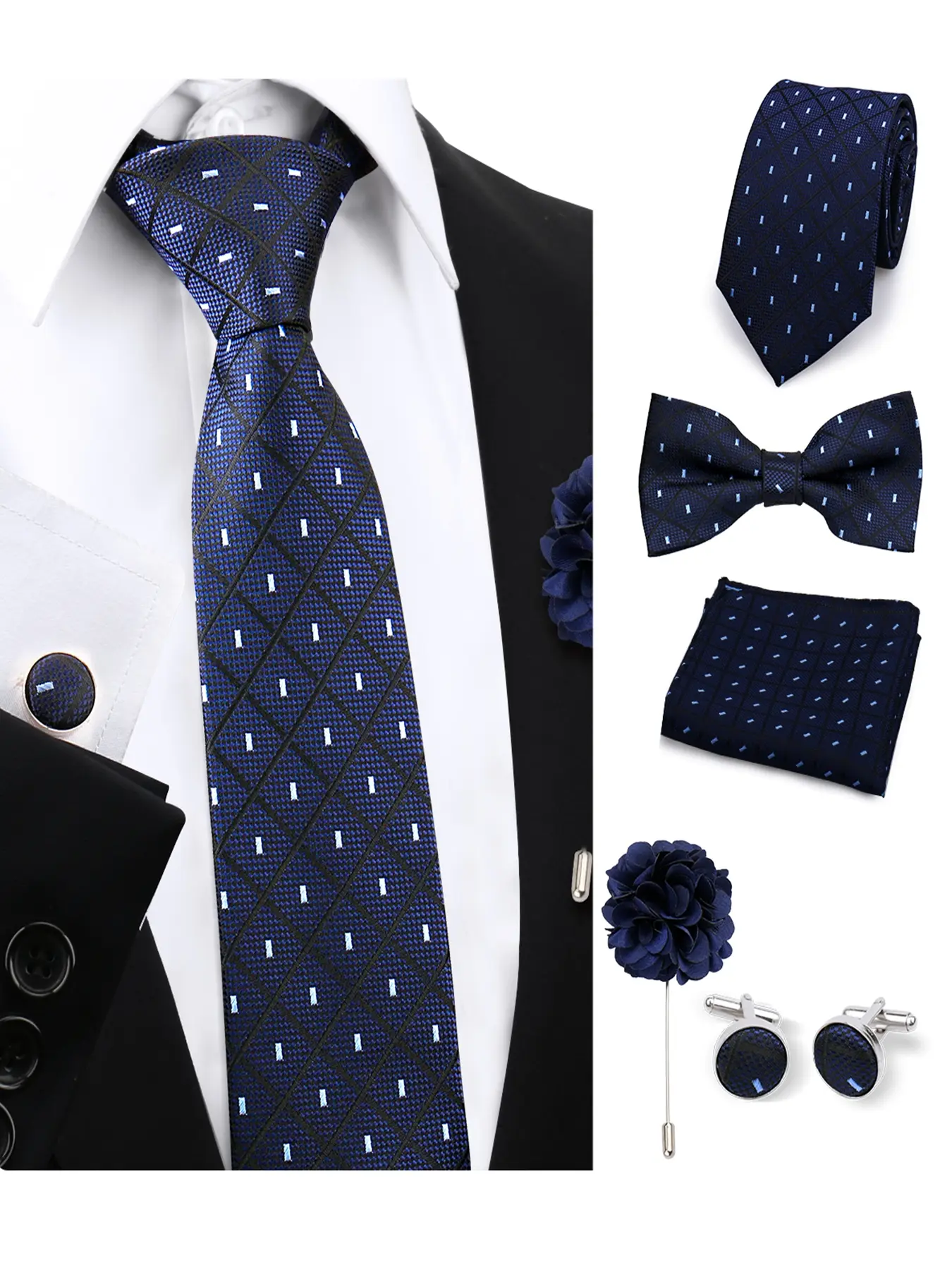 Men's Tie Bowtie Hankerchief Cufflinks Pin Set, Bow Tie Design, Business Casual Daily Wear, Versatile Shirt Accessory, Wedding Gift, Plaid Print Tie, Bow Ties