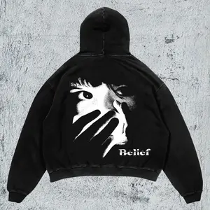 BELIEF Gothic Graphic Hoodie Unisex Oversized Vintage Washed Heavyweight Streetwear with Hand Over Mouth Back Print & Spacious Kangaroo Pocket Y2K Grunge Style