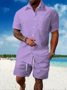 Men's Fashion Casual Summer Tropical Hawaiian Beach Vacation Menswear Set, Textured Collared Short Sleeve Shirt and Drawstring Shorts, 2 Piece