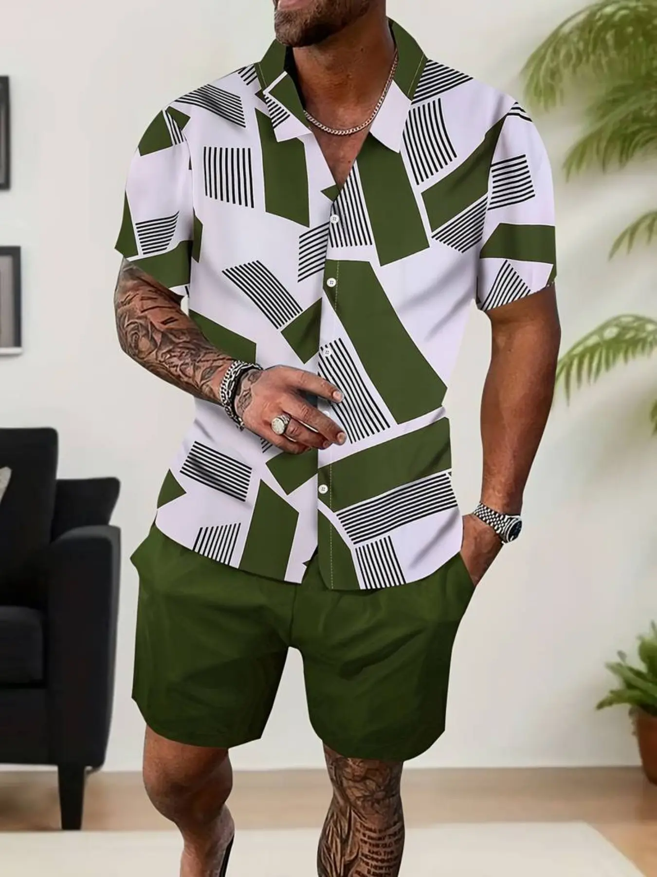 Men's Plaid Print Pajama Set Pjs, Short Sleeve Shirt and Shorts, Casual Fitted Sleepwear, All Seasons, Home Pajamas, Home Wear, Shorts Pajama Outfit, Loungewear, Can Be Worn Outdoors