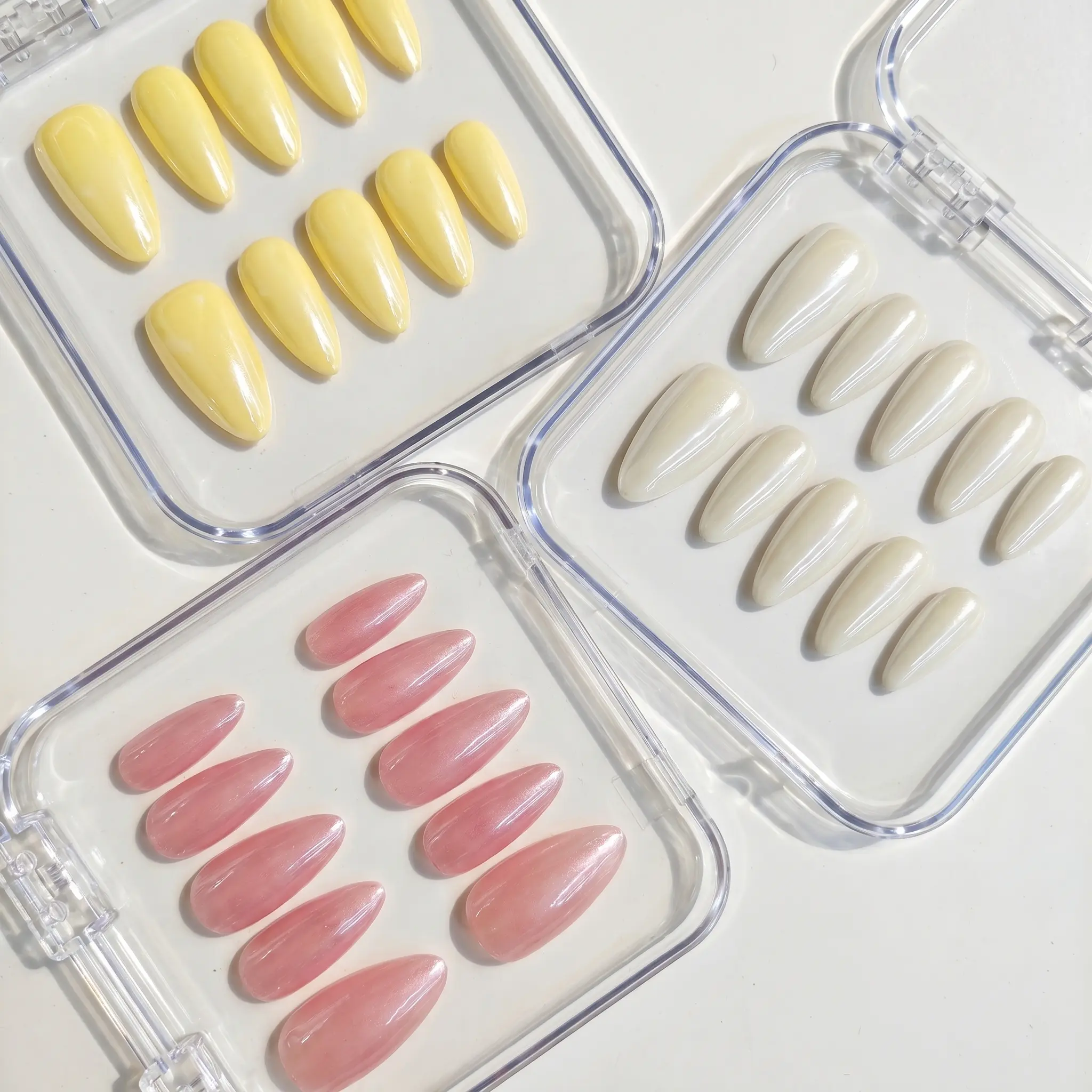 Almond Press-On Nails Kit, Reusable Glossy ABS Tips for Easy Manicure in Creamy White, Pearl Pink & Butter Yellow, Beauty Products, Nail Press On Nails