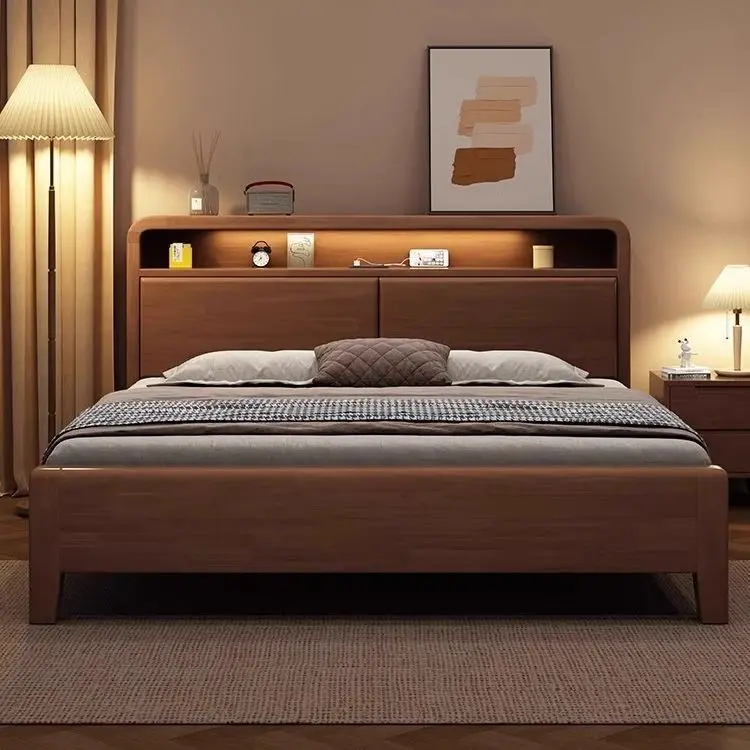 Modern Solid Wood Bed Frame With Storage Headboard & Built‑in LED Light, Walnut‑Finish Wooden Platform Bed With USB Charging Station, Queen Size Double Bed For Master Bedroom