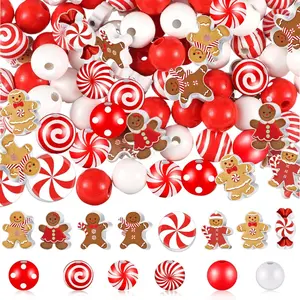 200 Pcs Christmas Beads for Crafts, Wooden Christmas Beads, Red and White Peppermint Candy, Gingerbread for Jewelry Making, Holiday DIY Garland, Party Tree Hanging Home