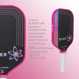 Tiger Carbon Fiber 16mm Proton Series Three Project Flamingo Pickleball Paddle with Carbon Friction Surface High Grit Spin for Novice & Professional Players