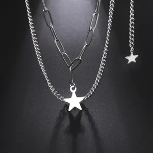 Women's Dainty Minimalist Stainless Steel Star Pendant Multi-Layer Cuban Chain & Link Necklace, Fashion Costume Jewelry Accessory, Star Design Necklaces, Ideal Christmas Gift for Couples